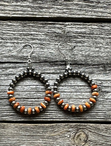 Sterling Silver Orange Spiny Oyster W Pearls Bead Hoop Earrings. 2.25 Inch.