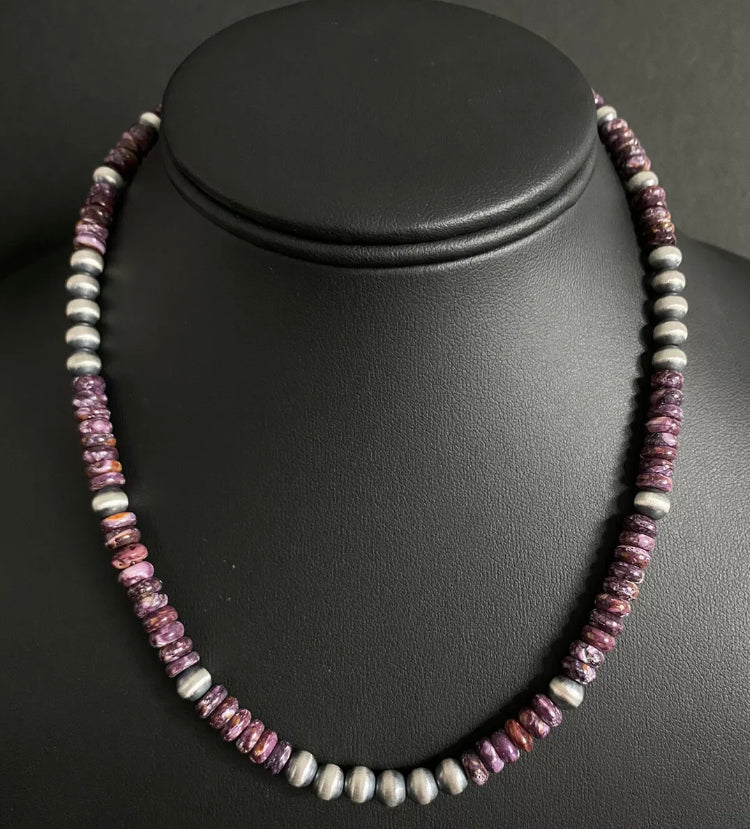 Sterling Silver Purple Spiny Oyster W Pears Bead Necklace. 16 inch