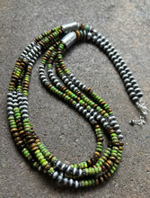 Load image into Gallery viewer, Sterling Silver Multi Strand Green Turquoise Tigers Eye Bead Necklace. 30 inch