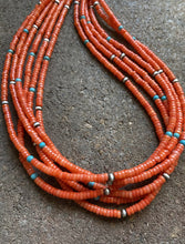 Load image into Gallery viewer, Sterling Silver Multi Strand Orange Coral W Turquoise Bead Necklace. 24 inch
