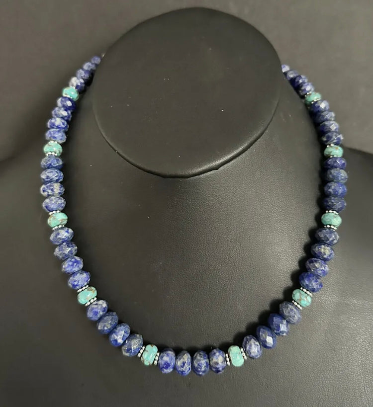 Sterling Silver Lapis Turquoise Bead Necklace. 19 inch