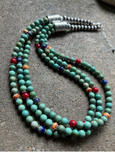 Load image into Gallery viewer, Sterling Silver Green Turquoise Multi Strand Multi Stone Bead Necklace. 24 inch