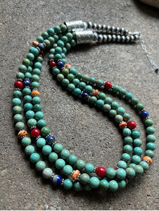 Sterling Silver Green Turquoise Multi Strand Multi Stone Bead Necklace. 24 inch