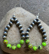 Load image into Gallery viewer, Sterling Silver Green Turquoise W Pearls Bead Loop Earrings.