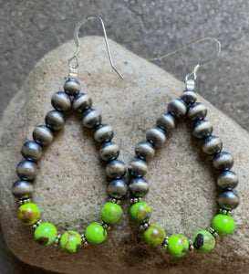 Sterling Silver Green Turquoise W Pearls Bead Loop Earrings.