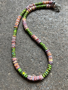 Sterling Silver Multi Color Shell Green Turquoise Bead Necklace. 18 inch