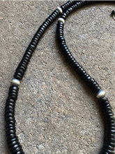 Load image into Gallery viewer, Sterling Silver Graduated Black Onyx W Green Turquoise Bead Necklace. 18 Inch