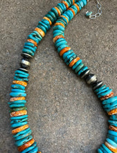 Load image into Gallery viewer, Sterling Silver Turquoise W Orange Spiny Oyster Bead Necklace. 18 inch