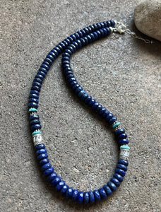 Sterling Silver Lapis W Turquoise Bead Necklace. 21 inch