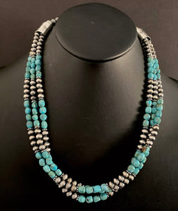 Sterling Silver Multi Strand Turquoise W Navajo Pearls Bead Necklace. 22 inch