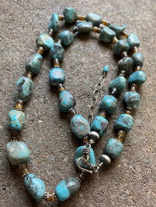 Sterling Silver Turquoise Nuggets Heishi Bead Necklace 25 Inch