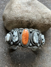 Load image into Gallery viewer, Navajo Sterling Silver Spiny Oyster White Buffalo Turquoise Cuff Bracelet. CY
