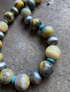 Sterling Silver Bumblebee Jasper W 16mm Navajo Pearls Bead Necklace. 18 inch