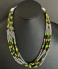 Load image into Gallery viewer, Sterling Silver Multi Strand Green Turquoise Tigers Eye Bead Necklace. 24 inch