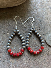 Load image into Gallery viewer, Sterling Silver Red Coral W Pearls Bead Loop Earrings.