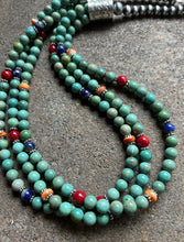 Load image into Gallery viewer, Sterling Silver Green Turquoise Multi Strand Multi Stone Bead Necklace. 24 inch