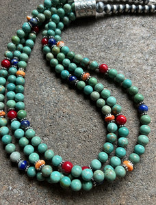 Sterling Silver Green Turquoise Multi Strand Multi Stone Bead Necklace. 24 inch