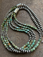 Load image into Gallery viewer, Sterling Silver Multi Strand Green Turquoise Bead Necklace. 30 inch