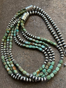 Sterling Silver Multi Strand Green Turquoise Bead Necklace. 30 inch