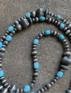 Sterling Silver Turquoise W Navajo Pearls Bead Necklace 44 Inch