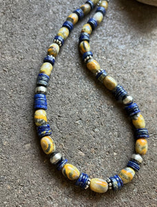 Sterling Silver Bumblebee Jasper Lapis Pearls Bead Necklace. 18 inch