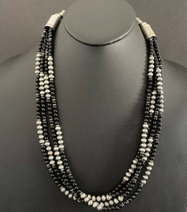 Sterling Silver Multi Strand Black Onyx W Navajo Pearls Bead Necklace. 25.5 Inch