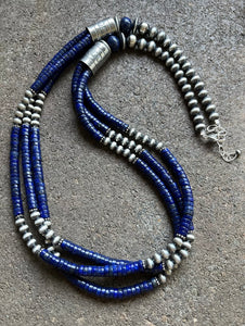 Sterling Silver Multi Strand Lapis W Pearls Bead Necklace. 28 inch