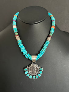 Navajo Sterling silver turquoise coin pendant necklace 18 Inch