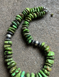 Sterling Silver Graduated Green Turquoise Bead Necklace. 18 inch
