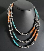Load image into Gallery viewer, Sterling Silver Layered Spiny Oyster Turquoise Bead Necklace. 18-22 inch