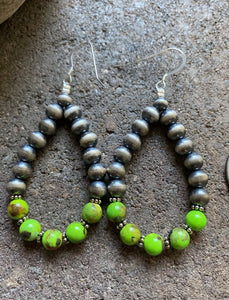 Sterling Silver Green Turquoise W Pearls Bead Loop Earrings.