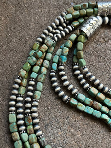 Sterling Silver Multi Strand Green Turquoise Bead Necklace. 30 inch