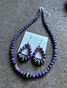 Sterling Silver Purple Charoite Bead Necklace W Earrings Set. Gift 18 Inch