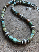 Load image into Gallery viewer, Sterling Silver Blue Green Turquoise W Navajo Pearls Bead Necklace 16 inch