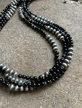 Load image into Gallery viewer, Sterling Silver Multi Strand Black Onyx W Navajo Pearls Bead Necklace. 25.5 Inch