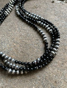 Sterling Silver Multi Strand Black Onyx W Navajo Pearls Bead Necklace. 25.5 Inch