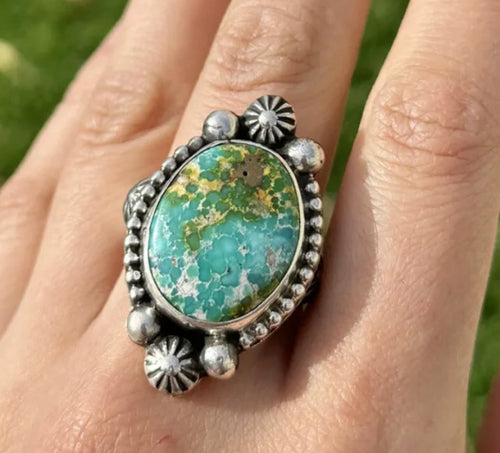 Native American Sterling Silver Sonoran Gold Turquoise Ring. Size 11. Signed