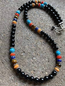 Sterling Silver Black Onyx Multi Stone Bead Necklace. 18 inch. Gift