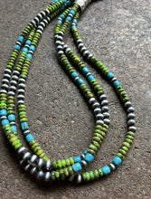 Load image into Gallery viewer, Sterling Silver Multi Strand Blue Green Turquoise Bead Necklace. 24 inch