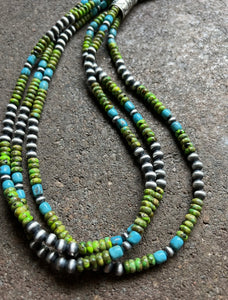 Sterling Silver Multi Strand Blue Green Turquoise Bead Necklace. 24 inch