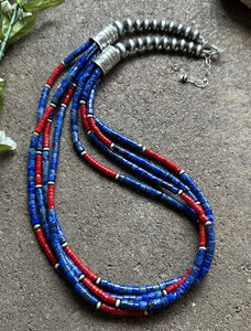 Sterling Silver Multi Strand Lapis Coral Pearls Bead Necklace. 24 inch