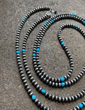 Load image into Gallery viewer, 60” Sterling Silver Sleeping Beauty Turquoise 5mm Navajo Pearls Bead Necklace