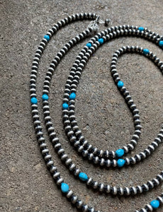 60” Sterling Silver Sleeping Beauty Turquoise 5mm Navajo Pearls Bead Necklace