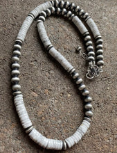 Load image into Gallery viewer, Sterling Silver White Buffalo Turquoise W Navajo Pearls Bead Necklace. 18 inch