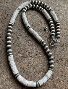 Sterling Silver White Buffalo Turquoise W Navajo Pearls Bead Necklace. 18 inch