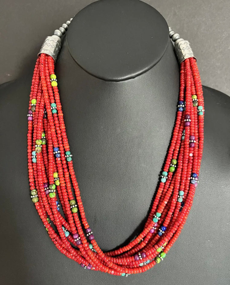 Sterling Silver Multi Strand Stone Red Coral Bead Necklace 24 Inch