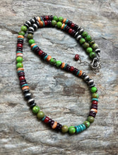 Load image into Gallery viewer, Sterling Silver Green Turquoise Spiny Multi Stone Bead Necklace. 18 Inch