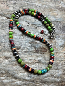 Sterling Silver Green Turquoise Spiny Multi Stone Bead Necklace. 18 Inch