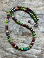 Load image into Gallery viewer, Sterling Silver Green Turquoise Spiny Multi Stone Bead Necklace. 18 Inch