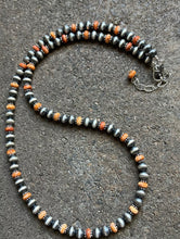 Load image into Gallery viewer, Sterling Silver Orange Spiny Oyster with 6mm Pearls Bead Necklace. 22 inch